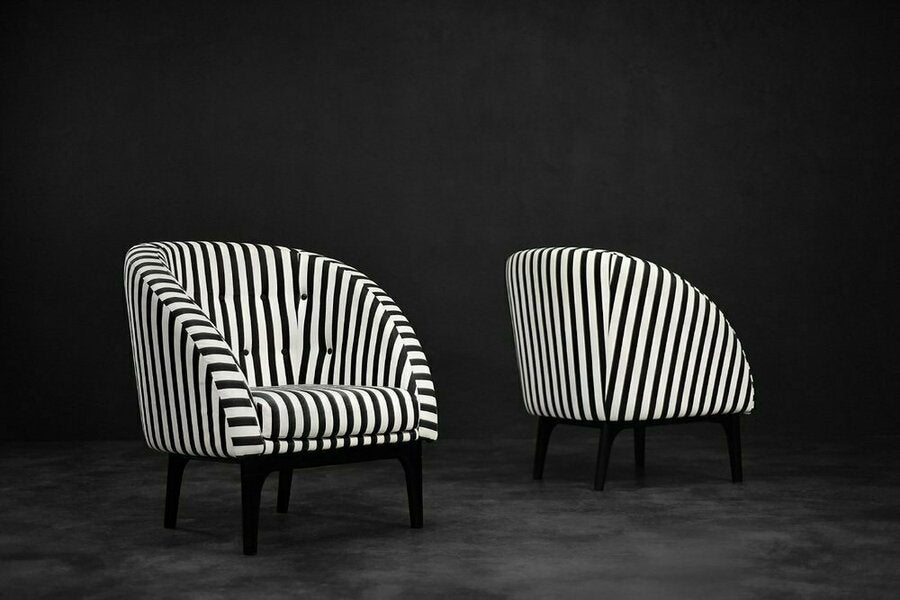 Mid century scandinavian modern rounded armchairs with black & white stripes, 1960s, set of 2 – A rare vintage treasure