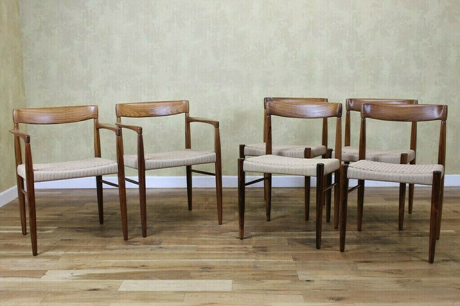 Danish bramin dining table and 6 papercord chairs – A rare vintage treasure