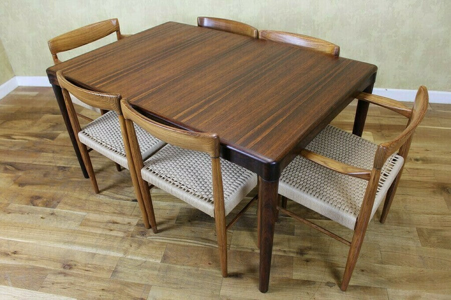 Danish bramin dining table and 6 papercord chairs – A rare vintage treasure
