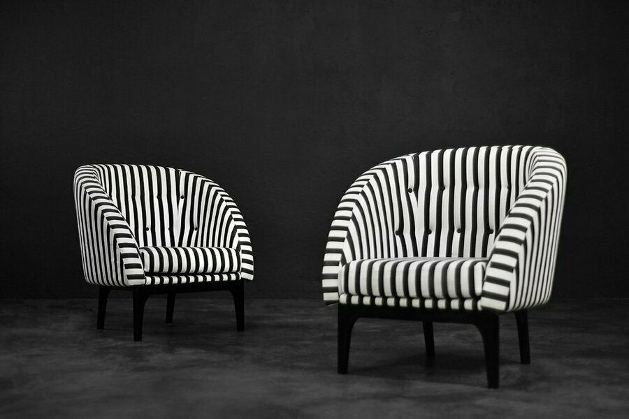 Mid century scandinavian modern rounded armchairs with black & white stripes, 1960s, set of 2 – A rare vintage treasure