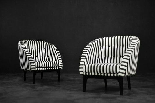 Mid century scandinavian modern rounded armchairs with black & white stripes, 1960s, set of 2 – A rare vintage treasure