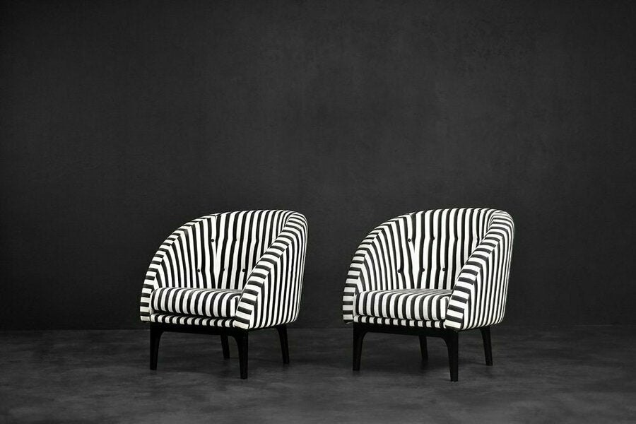 Mid century scandinavian modern rounded armchairs with black & white stripes, 1960s, set of 2 – A rare vintage treasure