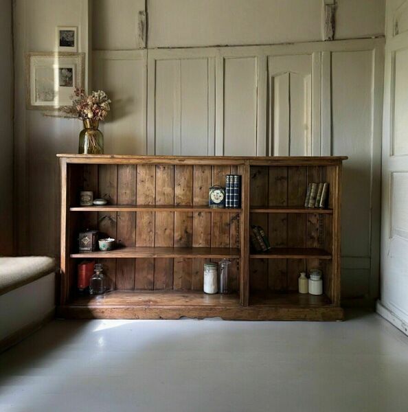 Vintage pine open bookcase sideboard shelving – A rare vintage treasure