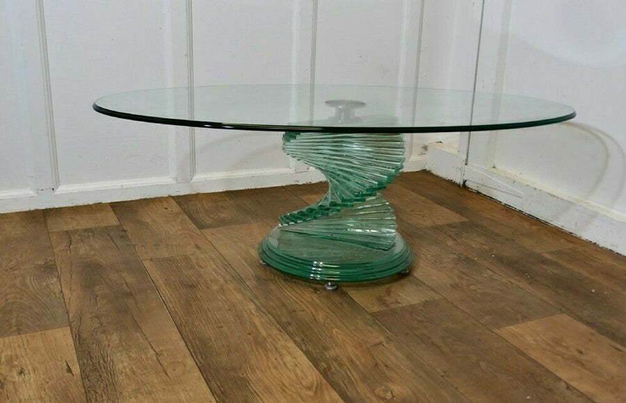 1970s retro design glass coffee table set on a glass spiral helix