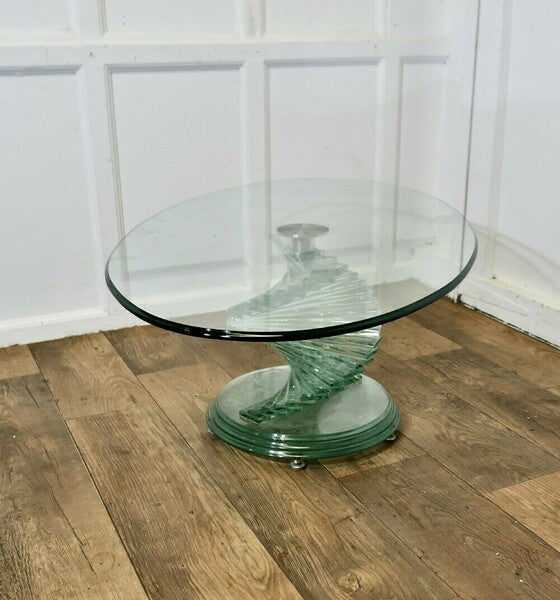 1970s retro design glass coffee table set on a glass spiral helix