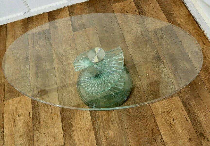 1970s retro design glass coffee table set on a glass spiral helix