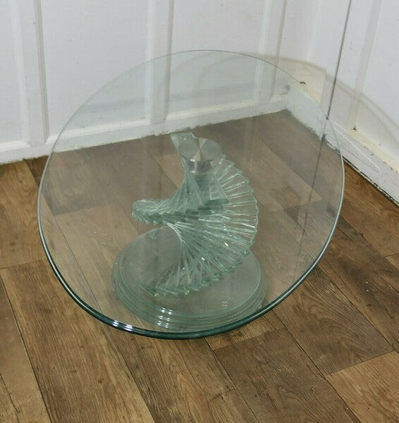 1970s retro design glass coffee table set on a glass spiral helix
