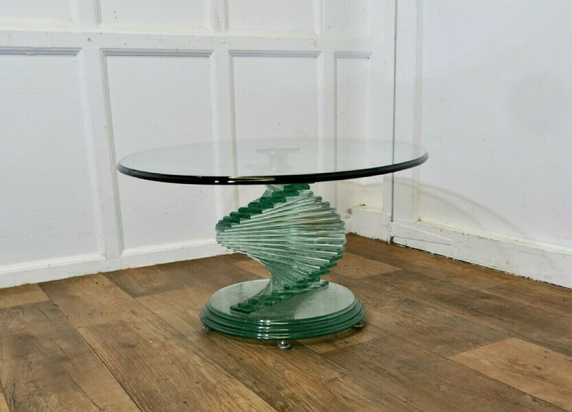 1970s retro design glass coffee table set on a glass spiral helix