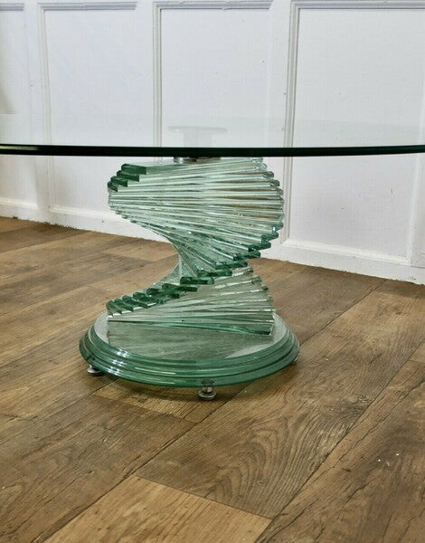 1970s retro design glass coffee table set on a glass spiral helix